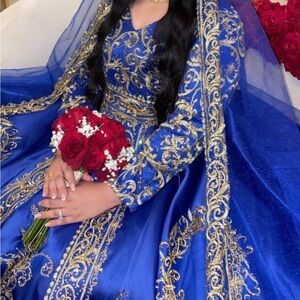 Elegant Blue and Gold Embroidered Dress